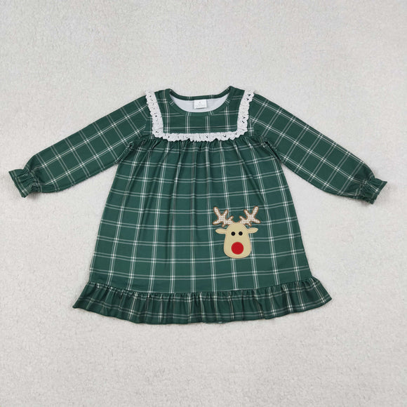 Reindeer Green Plaid Girls Christmas Dress