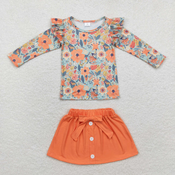 Floral Orange Girls Skirts Sets