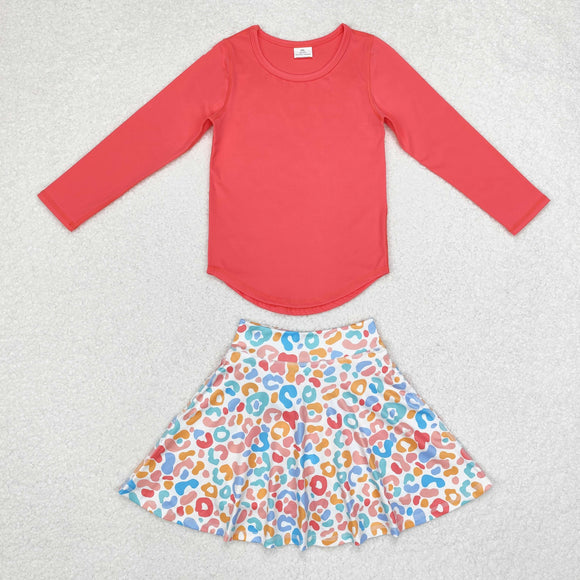 Solid Coral Red Athletic Leopard Print Shorts Girls Skirts Sets