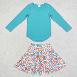 Solid Bluish Athletic Leopard Print Shorts Girls Skirts Sets