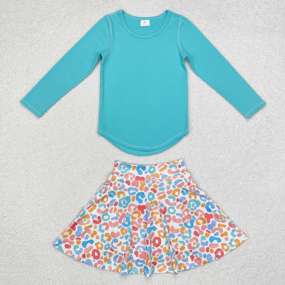 Solid Bluish Athletic Leopard Print Shorts Girls Skirts Sets
