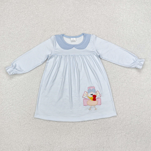 Floral Turkey Blue Stripe Girls Thanksgiving Dress