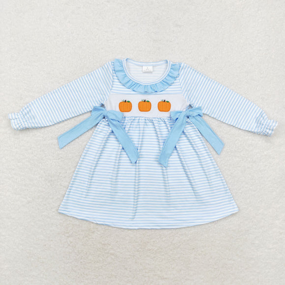 Pumpkin Blue Ruffles Stripe Girls Long Sleeve Dress