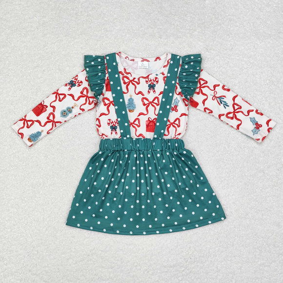 Bow Pattern Gift Green Ruffles Skirt Girls Christmas Dress