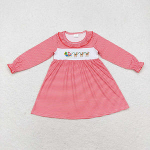 Santa Reindeer Red Stripe Ruffles Girls Christmas Dress