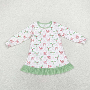 Bow Pattern Leaves Green Ruffles White Girls Christmas Dress