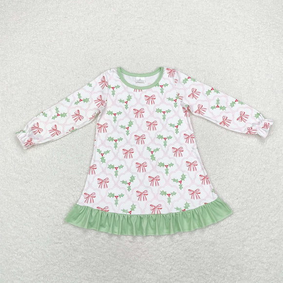 Bow Pattern Leaves Green Ruffles White Girls Christmas Dress