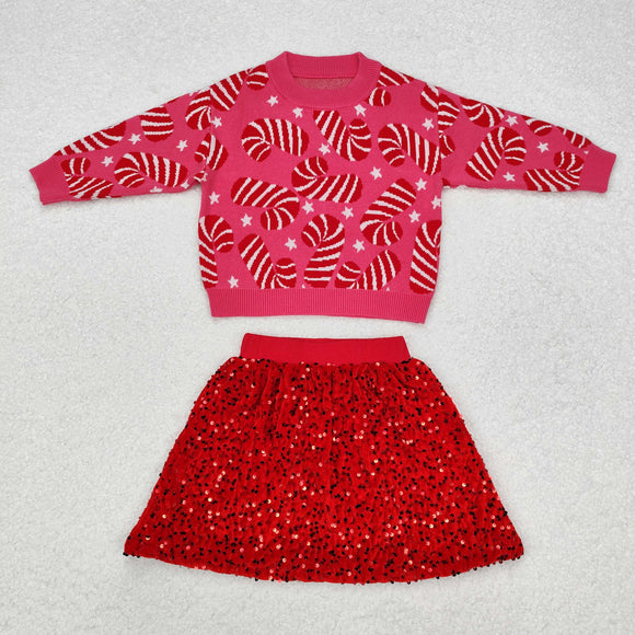 Candy Cane Sweaters Red Sequins Skirt Girls Christmas Outfits