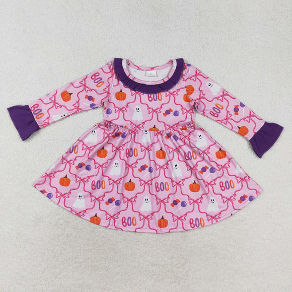 Boo Ghost Bow Pattern Pink Purple Girls Halloween Dress