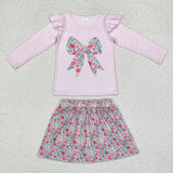 Floral Bow Pattern Pink Girls Skirt Sets