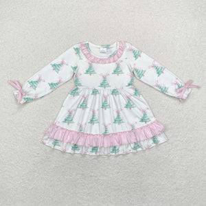 Bow Pattern Tree Pink Ruffles White Girls Christmas Dress