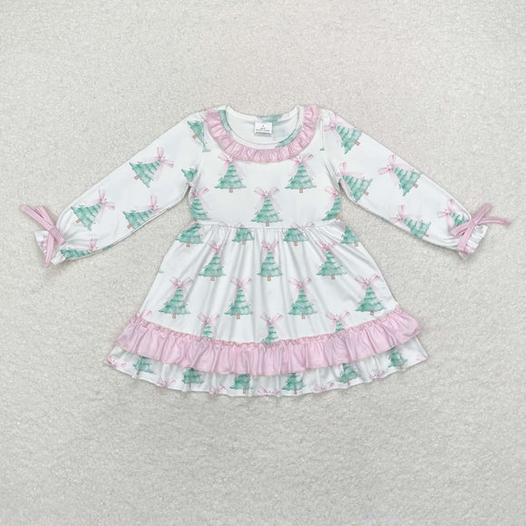 Bow Pattern Tree Pink Ruffles White Girls Christmas Dress