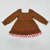 Red Stripe Bow Brown Girls Christmas Dress