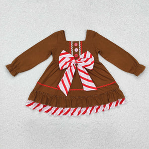 Red Stripe Bow Brown Girls Christmas Dress