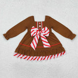 Red Stripe Bow Brown Girls Christmas Dress