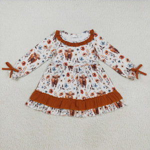 Highland Cow Floral Brown Ruffles Girls Long Sleeve Dress
