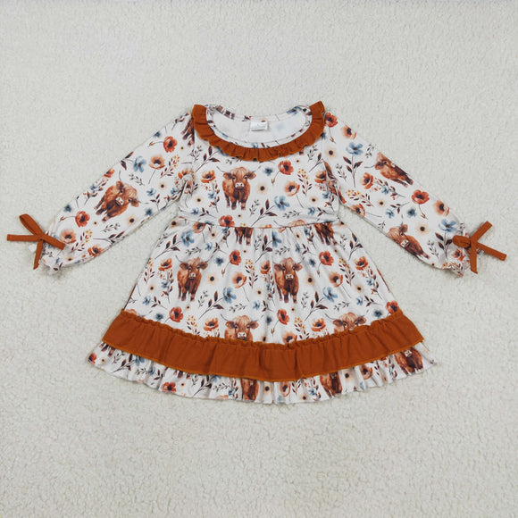 Highland Cow Floral Brown Ruffles Girls Long Sleeve Dress