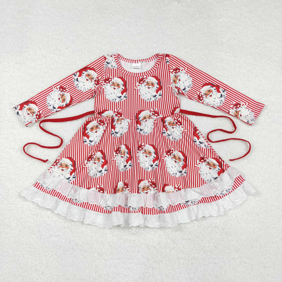 Santa Lace Ruffles Red Stripe Girls Christmas Dress