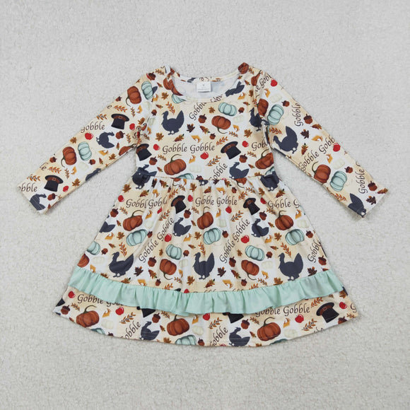 Gobble Pumpkin Turkey Ruffles Girls Thanksgiving Dress