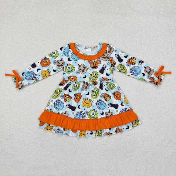 Cartoon Bats Orange Ruffles Blue Plaid Girls Halloween Dress