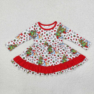 Cartoon Dogs Red Ruffles White Girls Christmas Dress