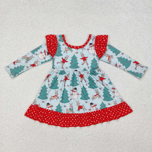 Snowman Reindeer Tree Red Ruffles Girls Christmas Dress