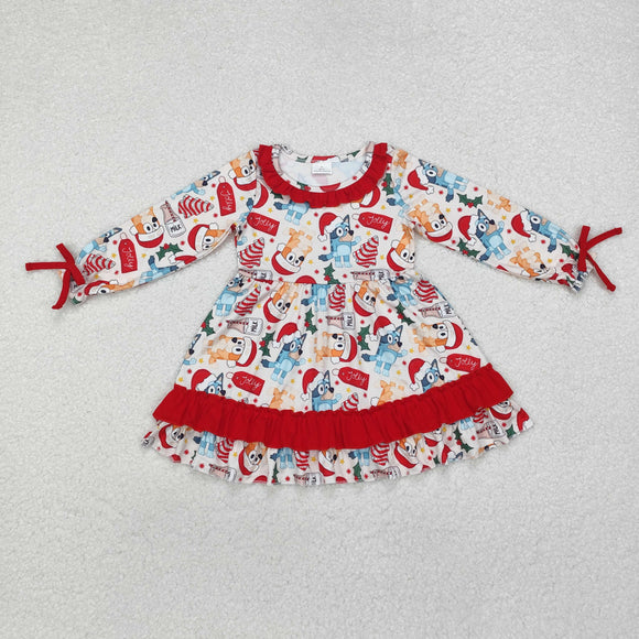 Cartoon Dogs Stars Red Ruffles Girls Christmas Dress