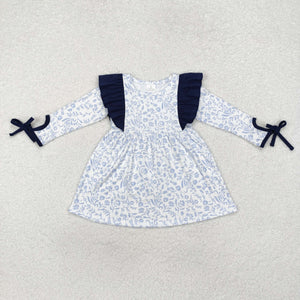 Floral Navy Ruffles Girls Long Sleeve Dress