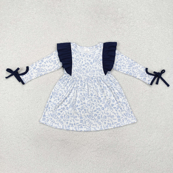 Floral Navy Ruffles Girls Long Sleeve Dress