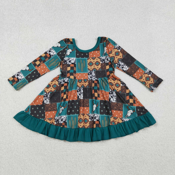 Cactus Highland Cow Plaid Ruffles Girls Long Sleeve Dress