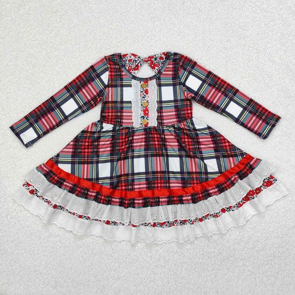 Floral Lace Ruffles Red Plaid Girls Christmas Dress