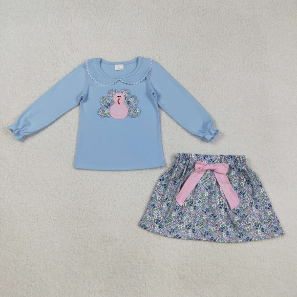 Turkey Floral Embroidery Skirt Sets Girls Thanksgiving Outfits