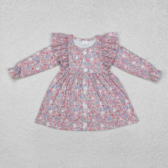 Floral Ruffles Pink Girls Long Sleeve Dress