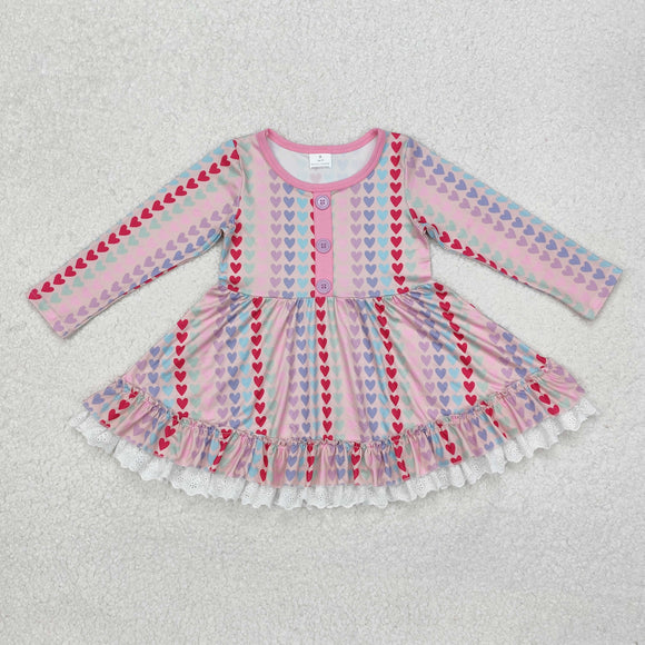 Colorful Heart Lace Ruffles Pink Girls Valentines Dress