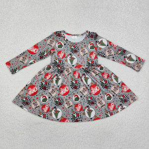 Cartoon Stars Gray Girls Christmas Dress