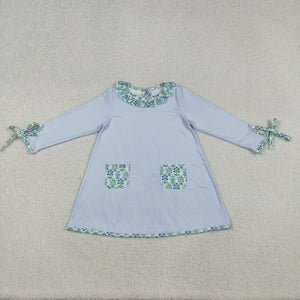 Floral Ruffles Pockets Blue Stripe Girls Long Sleeve Dress