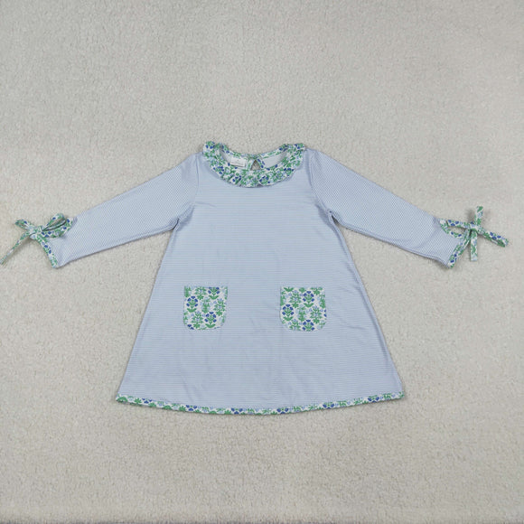 Floral Ruffles Pockets Blue Stripe Girls Long Sleeve Dress
