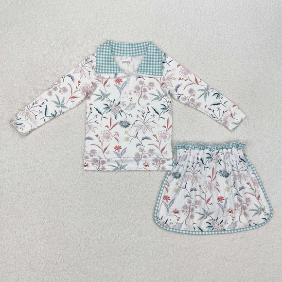 Floral Green Plaid Athletic Shorts Girls Skirt Sets
