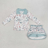Floral Green Plaid Athletic Shorts Girls Skirt Sets