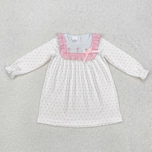 Cross Polka Dots Pink White Girls Easter Dress