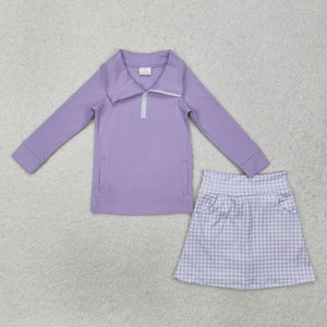 Solid Purple Plaid Athletic Shorts Girls Skirt Sets