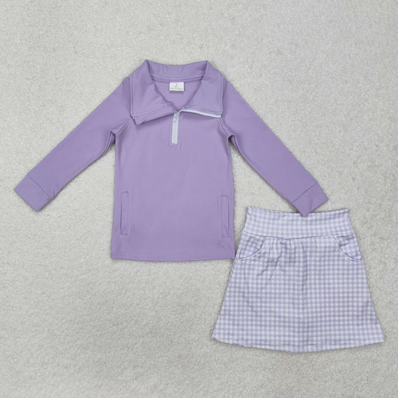 Solid Purple Plaid Athletic Shorts Girls Skirt Sets
