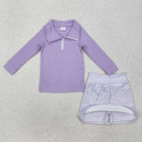 Solid Purple Plaid Athletic Shorts Girls Skirt Sets