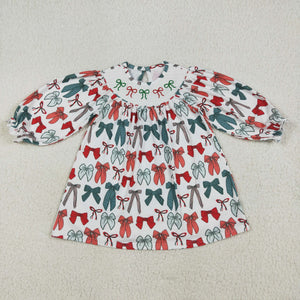 Red Green Bow Pattern Girls Christmas Dress