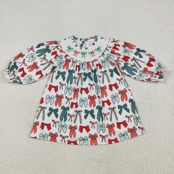 Red Green Bow Pattern Girls Christmas Dress