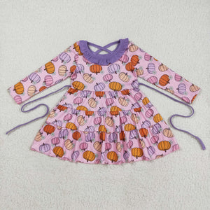 Pumpkin Floral Purple Ruffles Pink Girls Long Sleeve Dress
