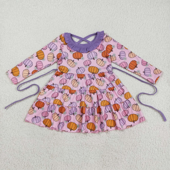 Pumpkin Floral Purple Ruffles Pink Girls Long Sleeve Dress