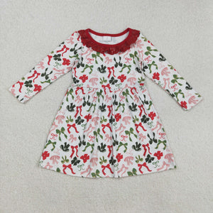 Bow Pattern Red Ruffles White Girls Christmas Dress