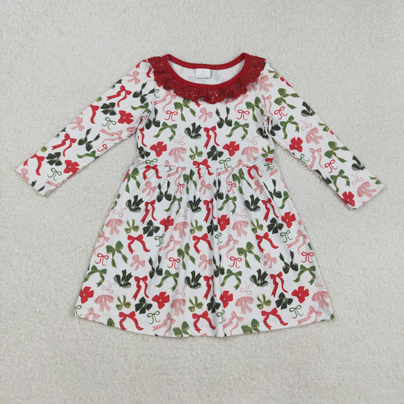 Bow Pattern Red Ruffles White Girls Christmas Dress
