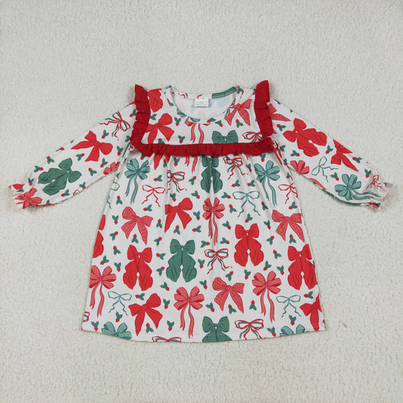 Bow Pattern Red Ruffles Girls Christmas Dress
